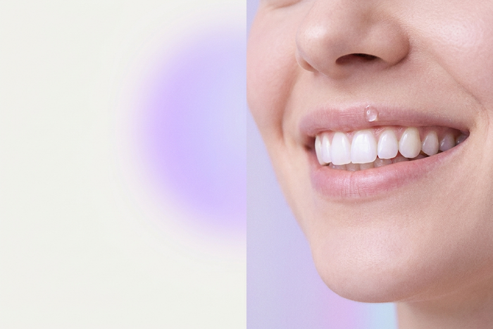 Sourire serein et goutte d'eau pure — douceur pour dents sensibles OhMySmile