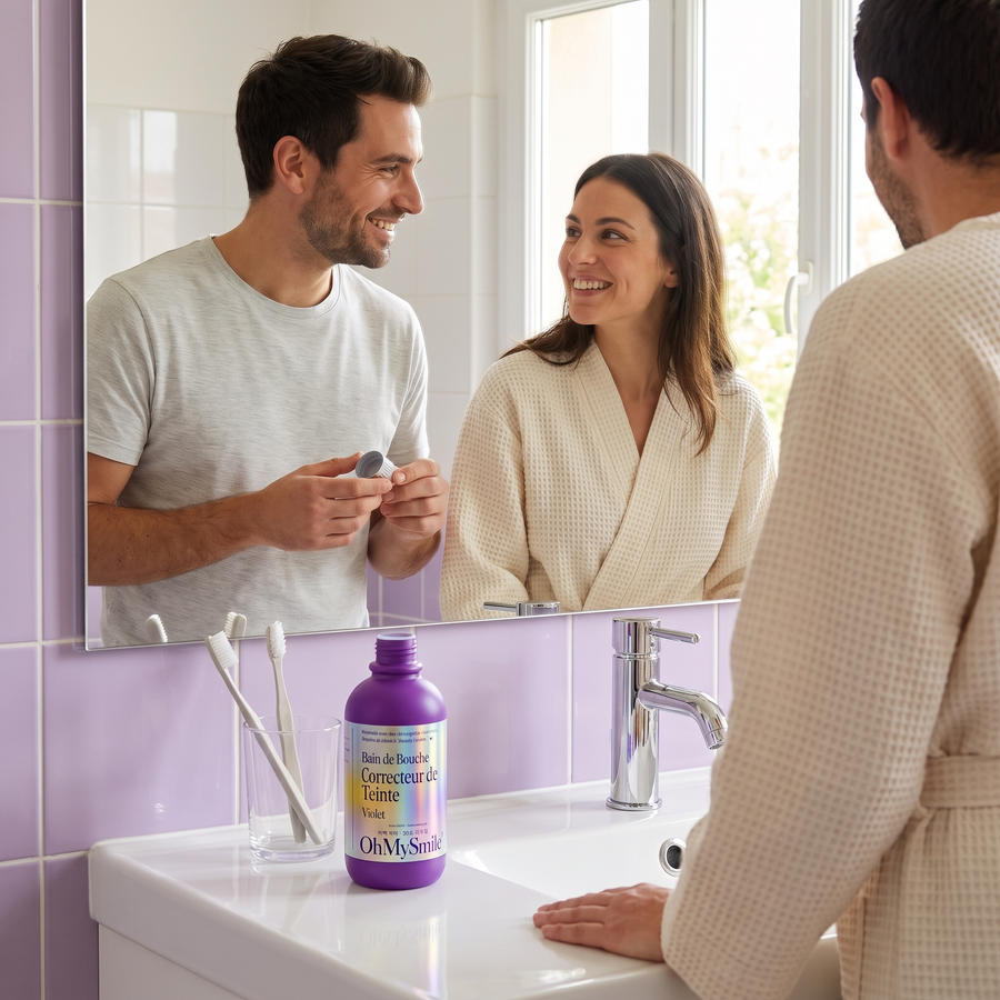 Couple au lavabo le matin avec le bain de bouche OhMySmile