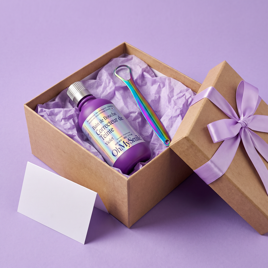 Coffret cadeau avec le bain de bouche OhMySmile et le gratte-langue