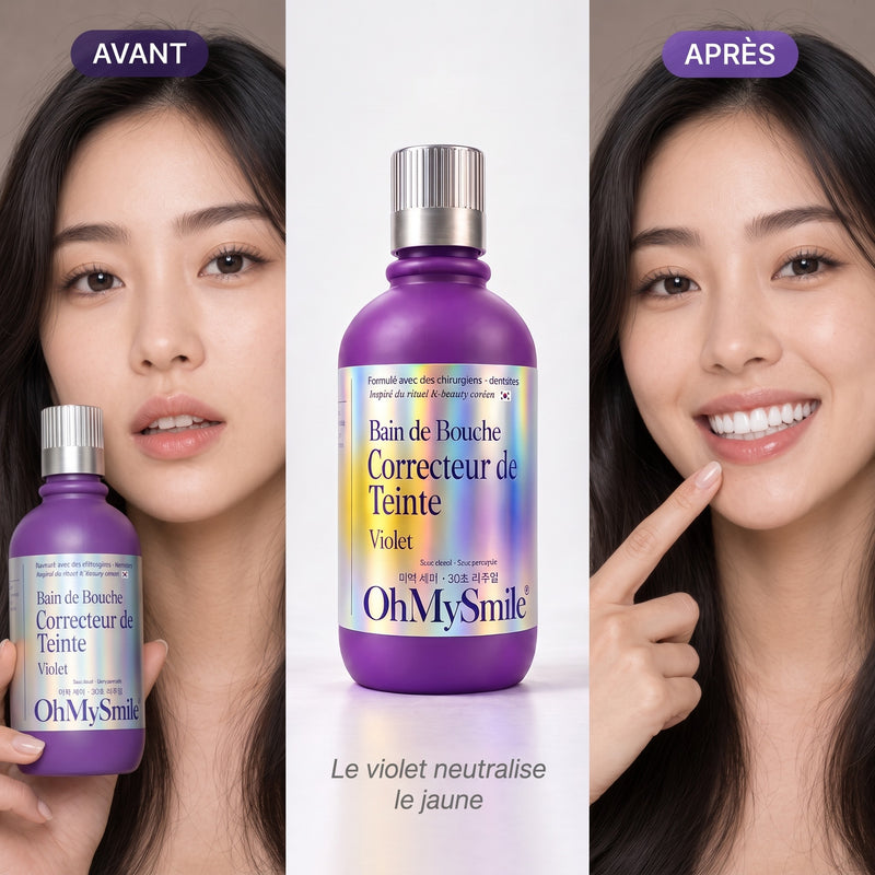 Témoignage client OhMySmile® — comparaison avant / après du bain de bouche violet correcteur de teinte sans peroxyde